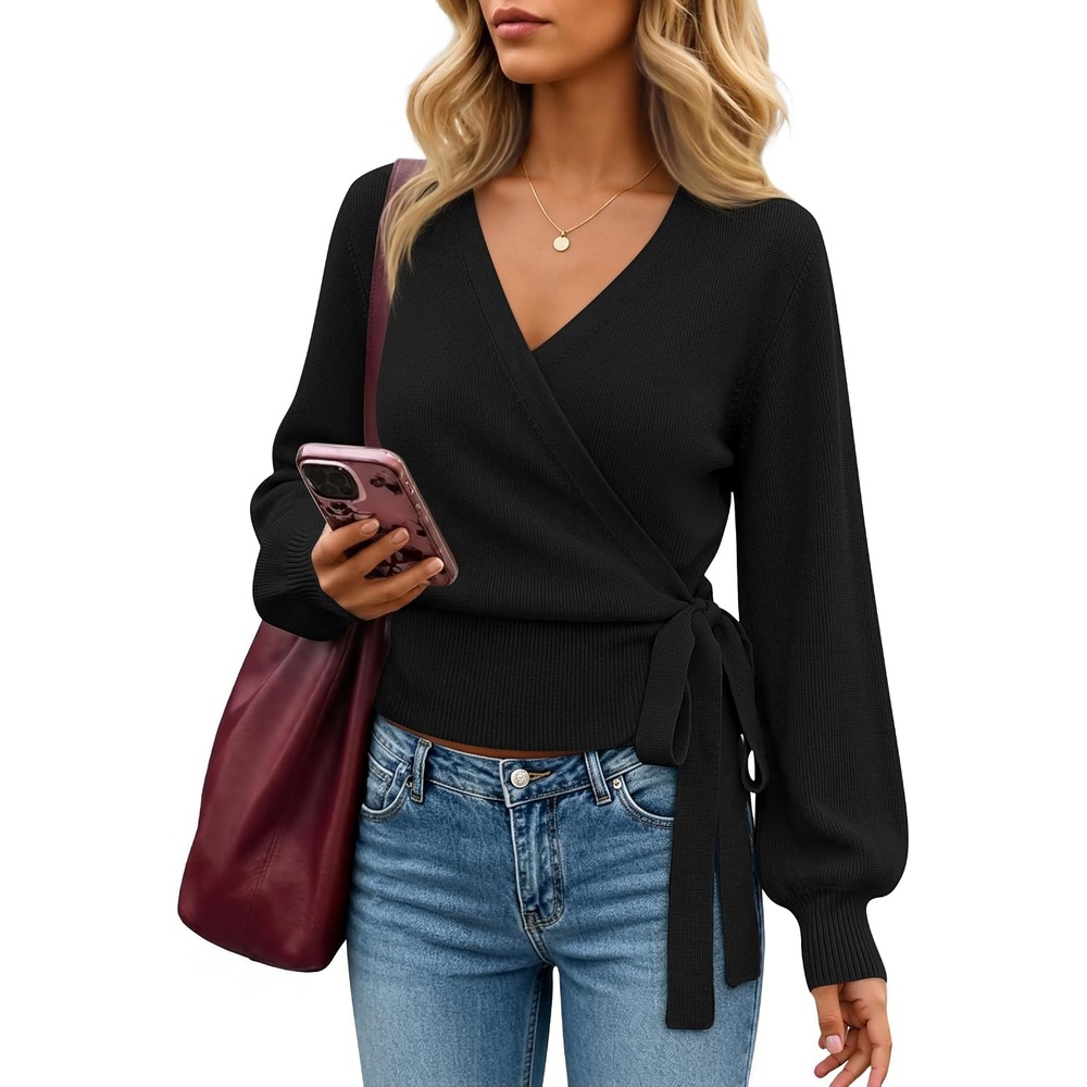 image:imageZESICA Womens V Neck Wrap Belted Cropped Sweaters 2026 Fall Business OutfitBlack