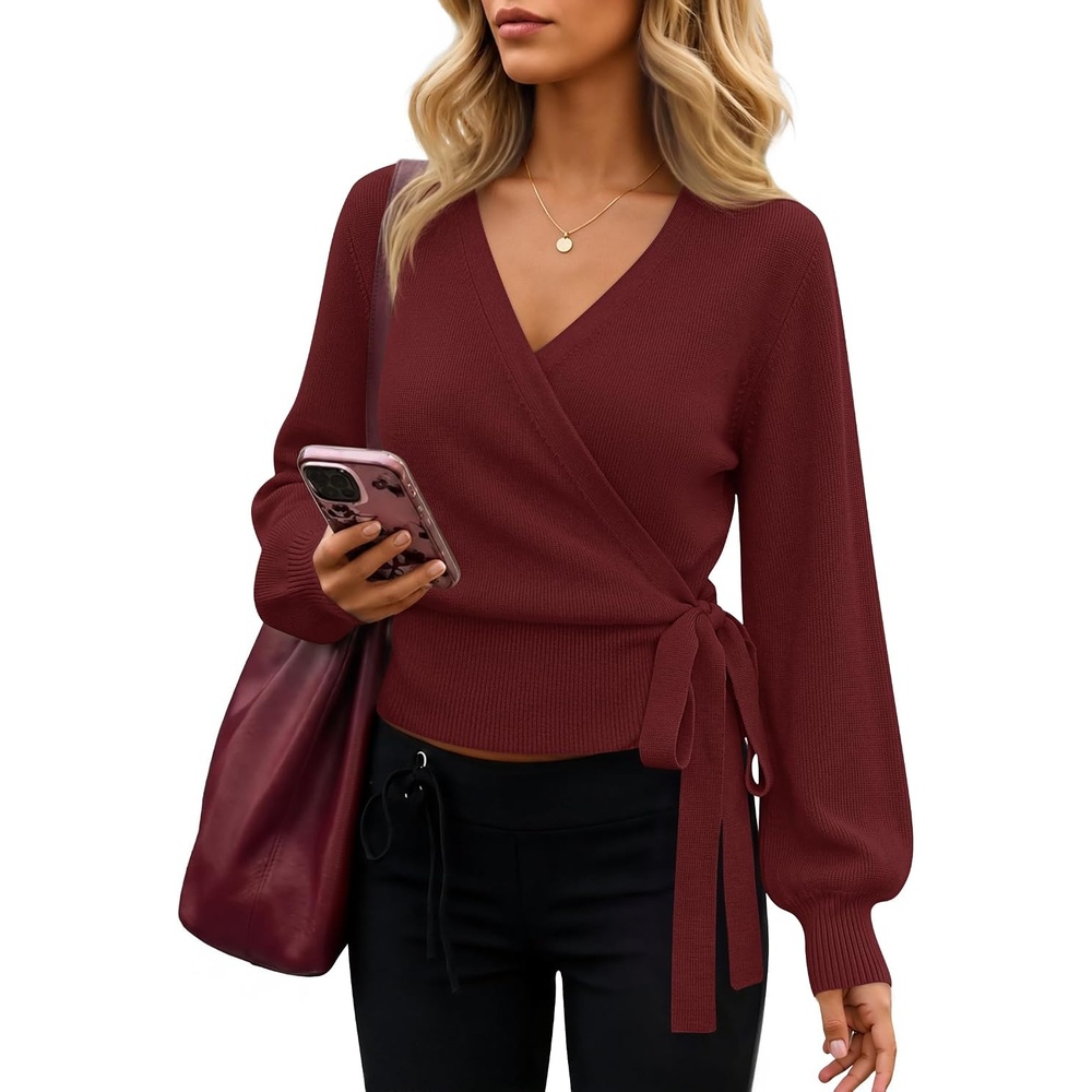 image:imageZESICA Womens V Neck Wrap Belted Cropped Sweaters 2026 Fall Business OutfitBurgundy
