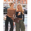 ZESICA Women Off The Shoulder Tops Long Sleeve Going Out Shirts(Brown)