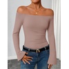 ZESICA Women Off The Shoulder Tops Long Sleeve Going Out Shirts(Khaki)