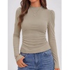 ZESICA Womens Business Casual Ruched Ribbed Long Sleeve Tops(Khaki)