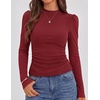 ZESICA Womens Business Casual Ruched Ribbed Long Sleeve Tops(Red)