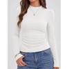 ZESICA Womens Business Casual Ruched Ribbed Long Sleeve Tops(White)