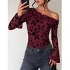 ZESICA Women’s Floral Off Shoulder Fall Long Sleeve Y2K Going Out Work Tops(Burgundy)