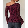 ZESICA Women’s Floral Off Shoulder Fall Long Sleeve Y2K Going Out Work Tops(Burgundy)