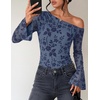 ZESICA Women’s Floral Off Shoulder Fall Long Sleeve Y2K Going Out Work Tops(Dusty Blue)