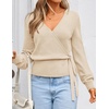 ZESICA Womens V Neck Wrap Belted Cropped Sweaters 2026 Fall Business Outfit(Apricot)