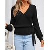 ZESICA Womens V Neck Wrap Belted Cropped Sweaters 2026 Fall Business Outfit(Black)