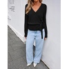 ZESICA Womens V Neck Wrap Belted Cropped Sweaters 2026 Fall Business Outfit(Black)