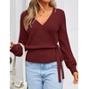ZESICA Womens V Neck Wrap Belted Cropped Sweaters 2026 Fall Business Outfit(Burgundy)