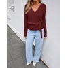 ZESICA Womens V Neck Wrap Belted Cropped Sweaters 2026 Fall Business Outfit(Burgundy)