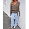 ZESICA Womens V Neck Wrap Belted Cropped Sweaters 2026 Fall Business Outfit(Graybrown)