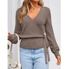 ZESICA Womens V Neck Wrap Belted Cropped Sweaters 2026 Fall Business Outfit(Graybrown)