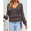 ZESICA Womens V Neck Wrap Belted Cropped Sweaters 2026 Fall Business Outfit(Greytaupe)