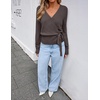 ZESICA Womens V Neck Wrap Belted Cropped Sweaters 2026 Fall Business Outfit(Greytaupe)