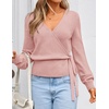 ZESICA Womens V Neck Wrap Belted Cropped Sweaters 2026 Fall Business Outfit(Lightpink)