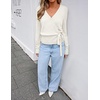 ZESICA Womens V Neck Wrap Belted Cropped Sweaters 2026 Fall Business Outfit(White)
