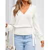 ZESICA Womens V Neck Wrap Belted Cropped Sweaters 2026 Fall Business Outfit(White)
