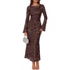ZESICA Women Fall Long Sleeve Wedding Guest Cocktail Midi Dress(Brown)