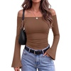ZESICA Women Off The Shoulder Tops Long Sleeve Going Out Shirts(Brown)