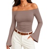 ZESICA Women Off The Shoulder Tops Long Sleeve Going Out Shirts(Khaki)