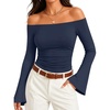 ZESICA Women Off The Shoulder Tops Long Sleeve Going Out Shirts(Navy)