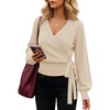 ZESICA Womens V Neck Wrap Belted Cropped Sweaters 2026 Fall Business Outfit(Apricot)