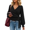 ZESICA Womens V Neck Wrap Belted Cropped Sweaters 2026 Fall Business Outfit(Black)