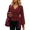 ZESICA Womens V Neck Wrap Belted Cropped Sweaters 2026 Fall Business Outfit(Burgundy)