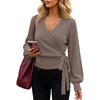 ZESICA Womens V Neck Wrap Belted Cropped Sweaters 2026 Fall Business Outfit(Graybrown)