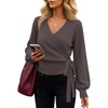 ZESICA Womens V Neck Wrap Belted Cropped Sweaters 2026 Fall Business Outfit(Greytaupe)