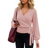 ZESICA Womens V Neck Wrap Belted Cropped Sweaters 2026 Fall Business Outfit(Lightpink)