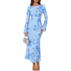 ZESICA Women Fall Long Sleeve Wedding Guest Cocktail Midi Dress(Blue)