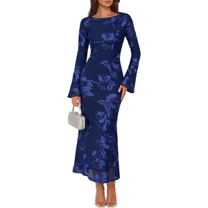 ZESICA Women Fall Long Sleeve Wedding Guest Cocktail Midi Dress(Navy)