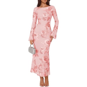 ZESICA Women Fall Long Sleeve Wedding Guest Cocktail Midi Dress(Pink)