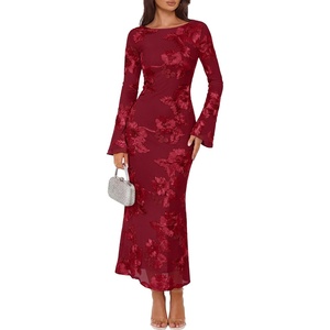 ZESICA Women Fall Long Sleeve Wedding Guest Cocktail Midi Dress(Red)