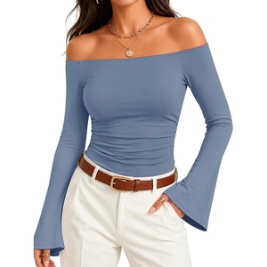 ZESICA Women Off The Shoulder Tops Long Sleeve Going Out Shirts(Blue)