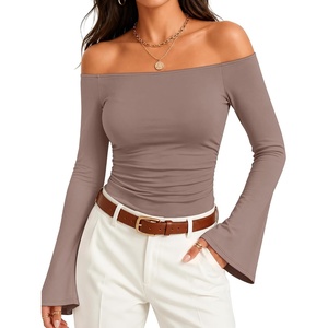 ZESICA Women Off The Shoulder Tops Long Sleeve Going Out Shirts(Khaki)