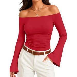 ZESICA Women Off The Shoulder Tops Long Sleeve Going Out Shirts(Red)