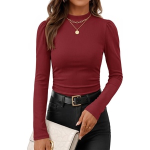 ZESICA Womens Business Casual Ruched Ribbed Long Sleeve Tops(Red)