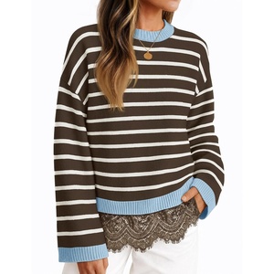 ZESICA Women’s Fall Winter Sweaters 2026 Lace Trim Pullover Tops(Brownstripe)