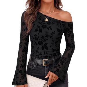 ZESICA Women’s Floral Off Shoulder Fall Long Sleeve Y2K Going Out Work Tops(Black)