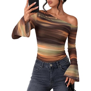 ZESICA Women’s Floral Off Shoulder Fall Long Sleeve Y2K Going Out Work Tops(Brown)
