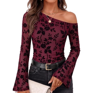 ZESICA Women’s Floral Off Shoulder Fall Long Sleeve Y2K Going Out Work Tops(Burgundy)
