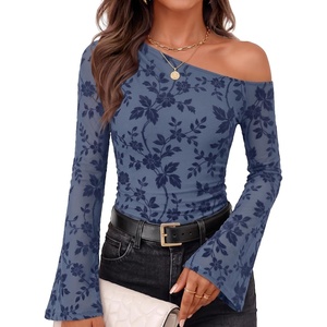 ZESICA Women’s Floral Off Shoulder Fall Long Sleeve Y2K Going Out Work Tops(Dusty Blue)