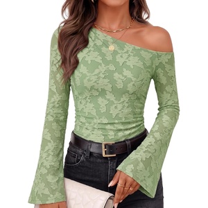 ZESICA Women’s Floral Off Shoulder Fall Long Sleeve Y2K Going Out Work Tops(Light Green)