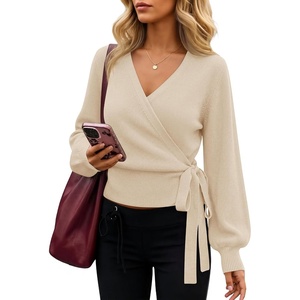 ZESICA Womens V Neck Wrap Belted Cropped Sweaters 2026 Fall Business Outfit(Apricot)