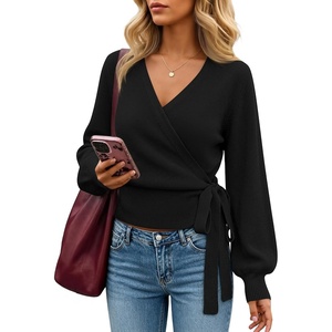 ZESICA Womens V Neck Wrap Belted Cropped Sweaters 2026 Fall Business Outfit(Black)