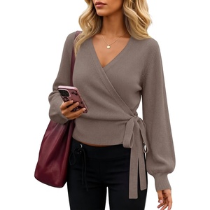 ZESICA Womens V Neck Wrap Belted Cropped Sweaters 2026 Fall Business Outfit(Graybrown)