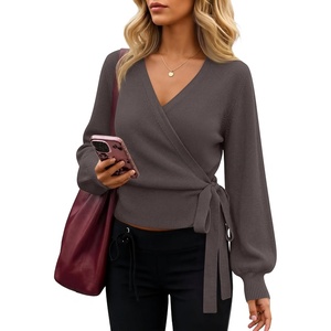 ZESICA Womens V Neck Wrap Belted Cropped Sweaters 2026 Fall Business Outfit(Greytaupe)